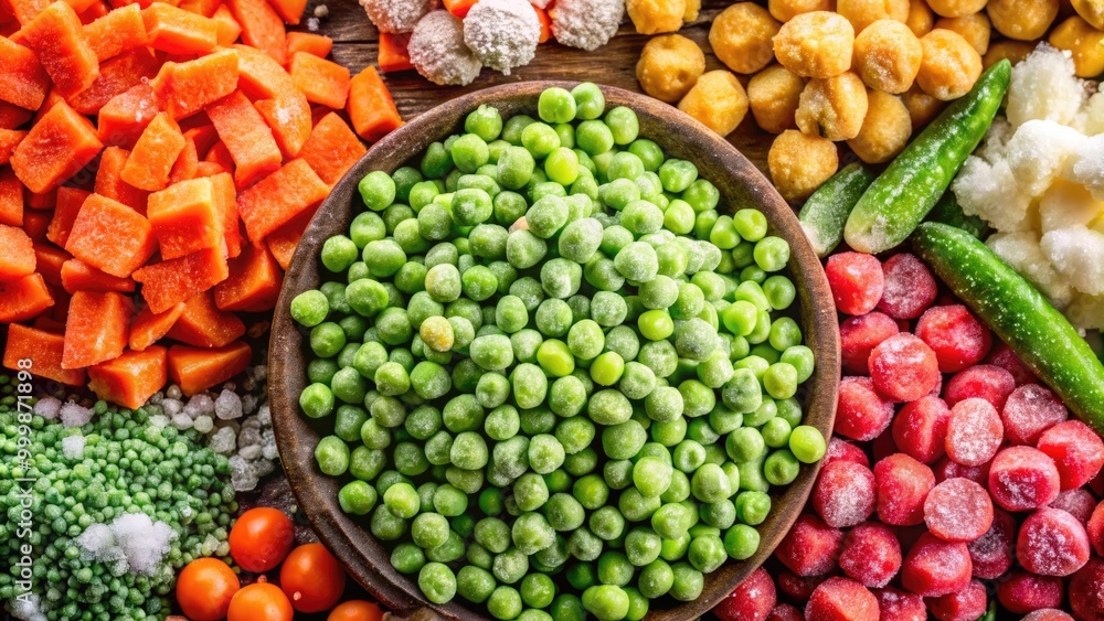 A variety of colorful frozen vegetables in a bowl. A variety of colorful frozen vegetables in a bowl.