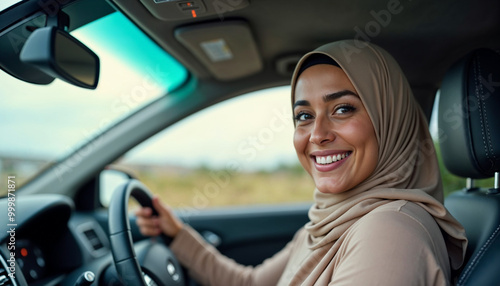 Joyful Islamic lady in hijab driving auto and smiling at camera through window, enjoying road drive with hired vehicle, holding steering wheel, car drive concept, Driving Concept, Travel Concept