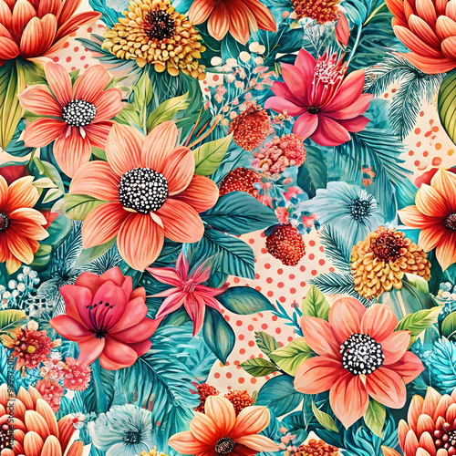 Vibrant Risograph Seamless Pattern with Exotic Flowers and Dots. Exotic Flower Risograph Seamless Pattern