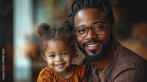 afro american father with little daughter at home holding laptop