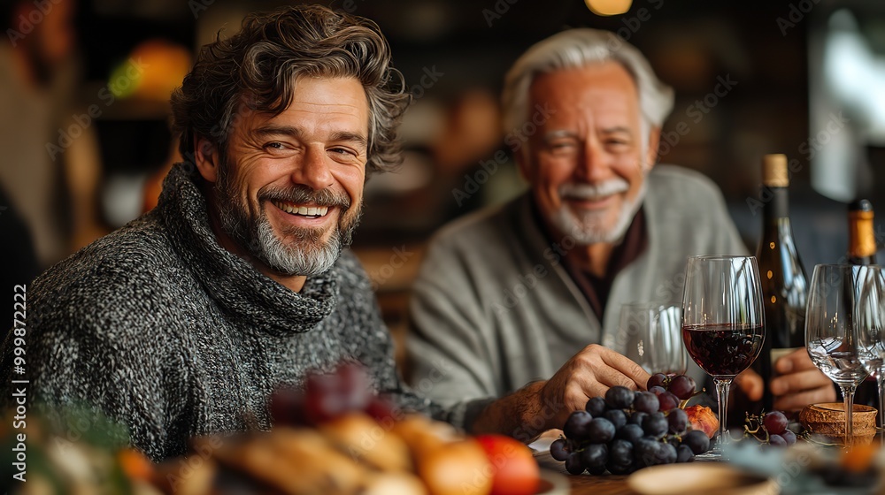 an adult hipster son and senior father indoors in kitchen at home drinking wine an adult hipster son and senior father indoors in kitchen at home drinking wine