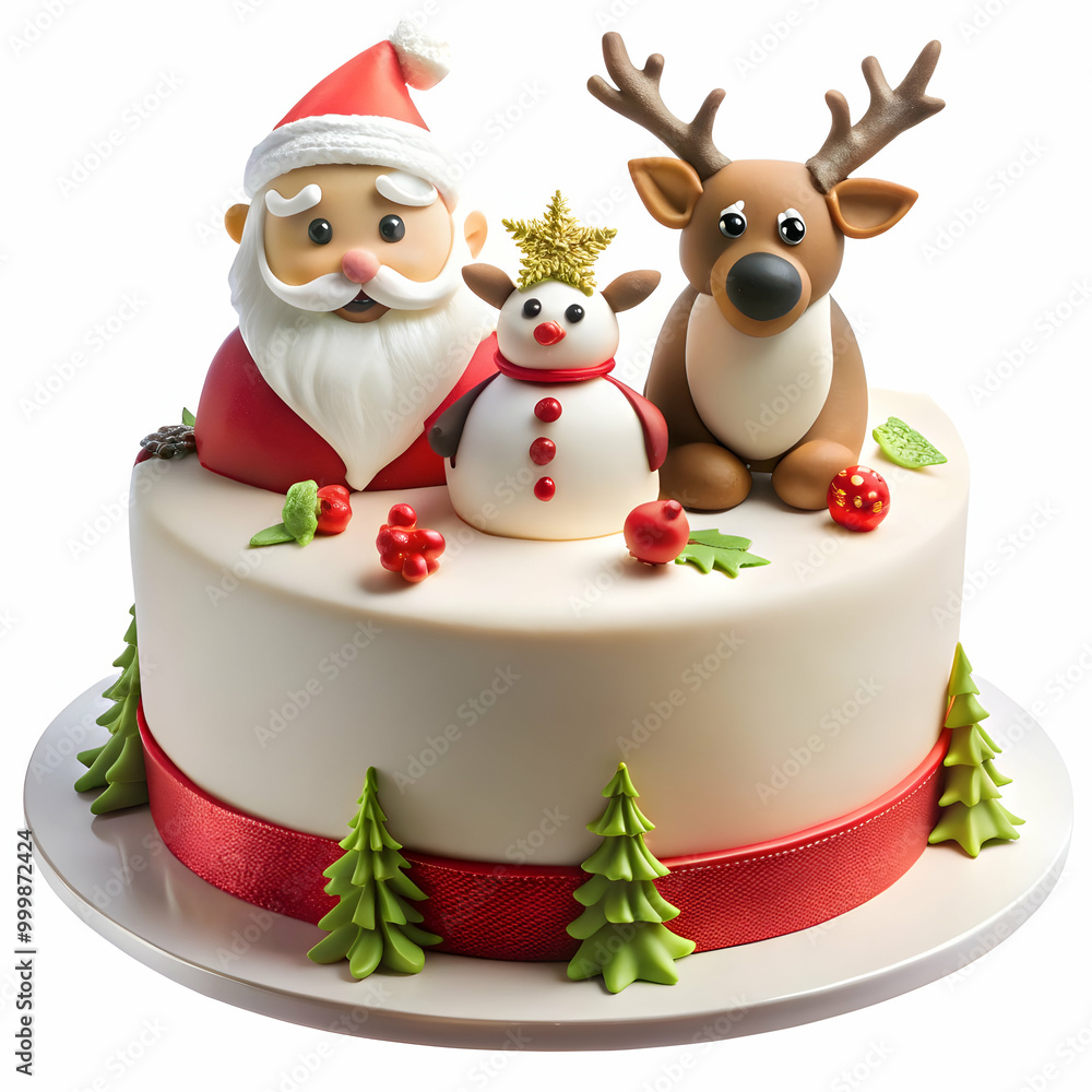 Fototapeta premium beautiful Santa and reindeer cake on white background