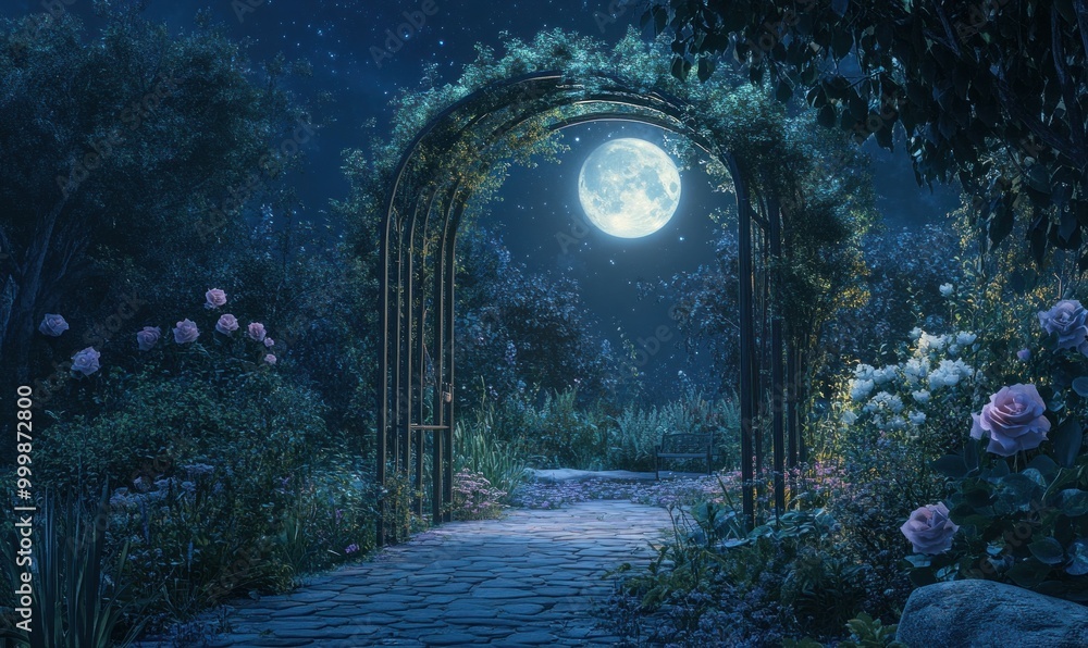 Moonlit Garden Arch with Blooming Roses at Night Moonlit Garden Arch with Blooming Roses at Night