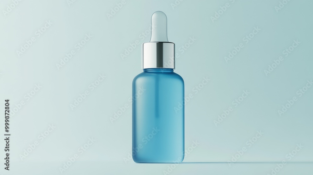Frosted blue serum bottle with a silver dropper cap, against a simple background for a clean look. No people. No logo. Frosted blue serum bottle with a silver dropper cap, against a simple background for a clean look. No people. No logo.