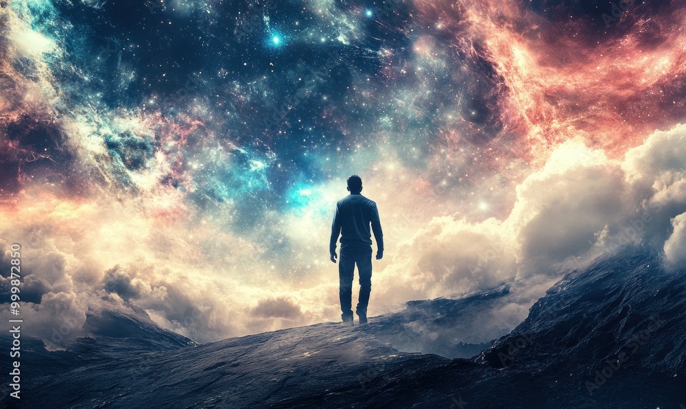 Man Stands on Mountain Under Starry Sky Man Stands on Mountain Under Starry Sky