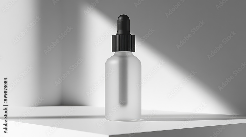 Frosted glass serum bottle with a black dropper cap, focus on its clean lines and shape. No logo. No people. Frosted glass serum bottle with a black dropper cap, focus on its clean lines and shape. No logo. No people.