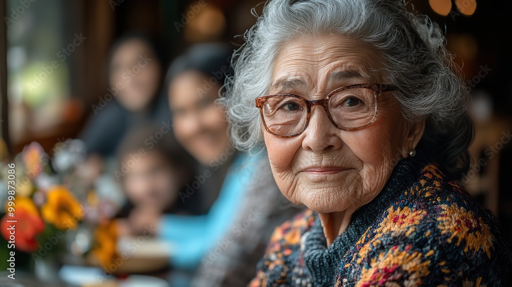 an elderly women with a family sitting at a table on a indoor family birthday party an elderly women with a family sitting at a table on a indoor family birthday party
