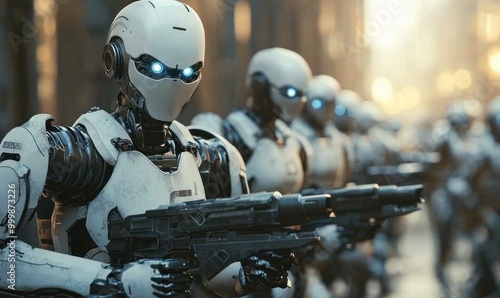 Futuristic robots with weapons in formation