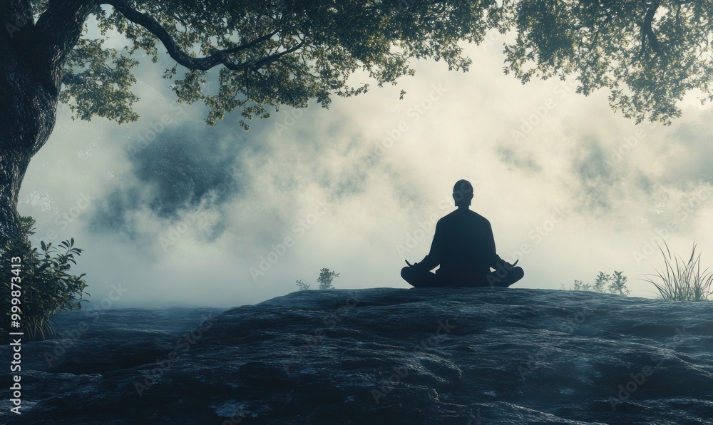Silhouette Meditating in Nature at Dawn Silhouette Meditating in Nature at Dawn