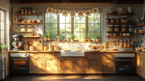 A sunlit kitchen adorned with baked goods and rustic décor in a cozy country retreat