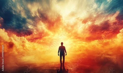 Man facing a vibrant sunset amid dramatic clouds