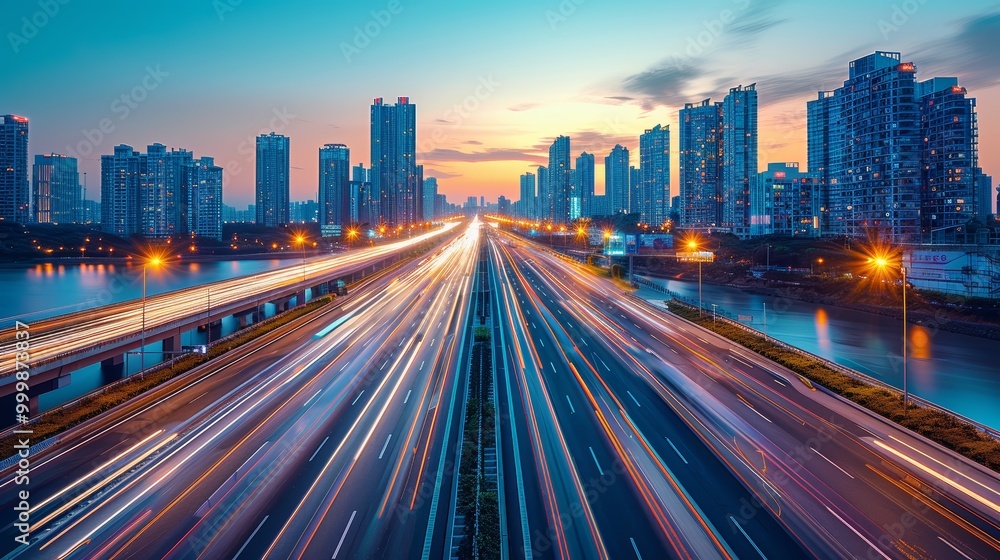 Fototapeta premium Highway overpass motion blur with city background .