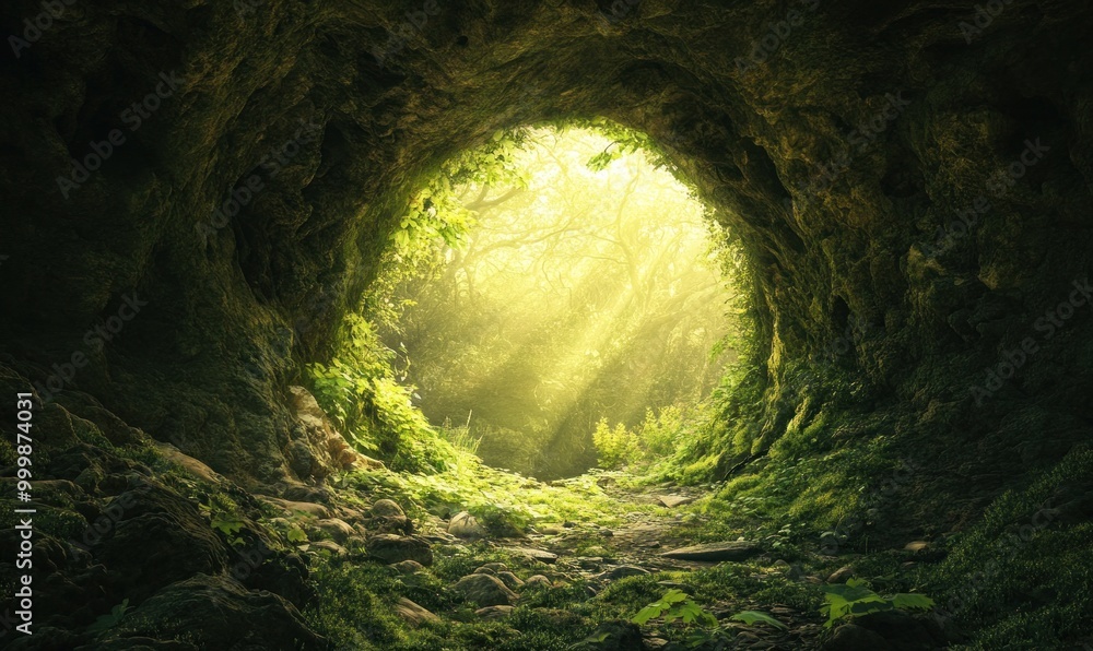 Fototapeta premium Enchanted Forest Cave with Sunlight Rays