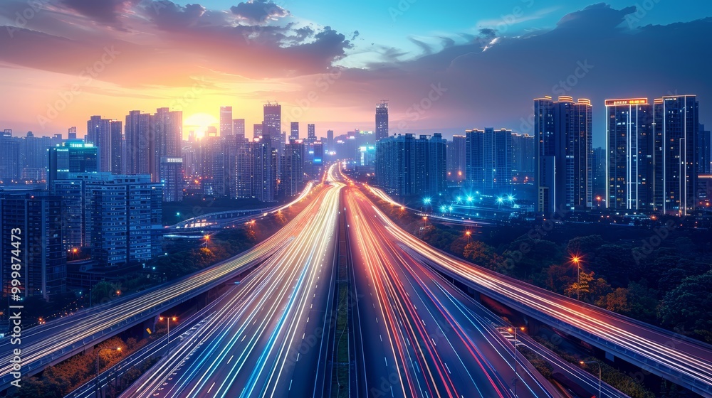 Highway overpass motion blur with city background Highway overpass motion blur with city background