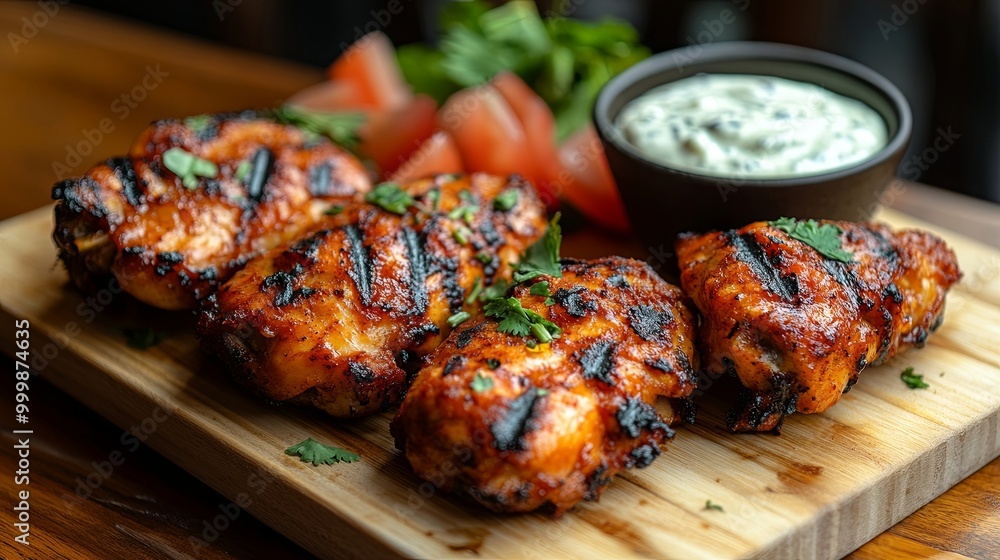 Grilled chicken thighs served on a wooden cutting board with fresh cilantro and a side of creamy sauce Grilled chicken thighs served on a wooden cutting board with fresh cilantro and a side of creamy sauce