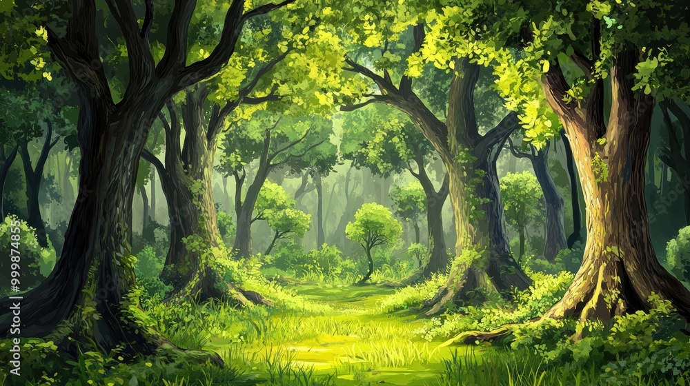 Naklejka premium A Sunlit Path Through a Dense, Lush Forest