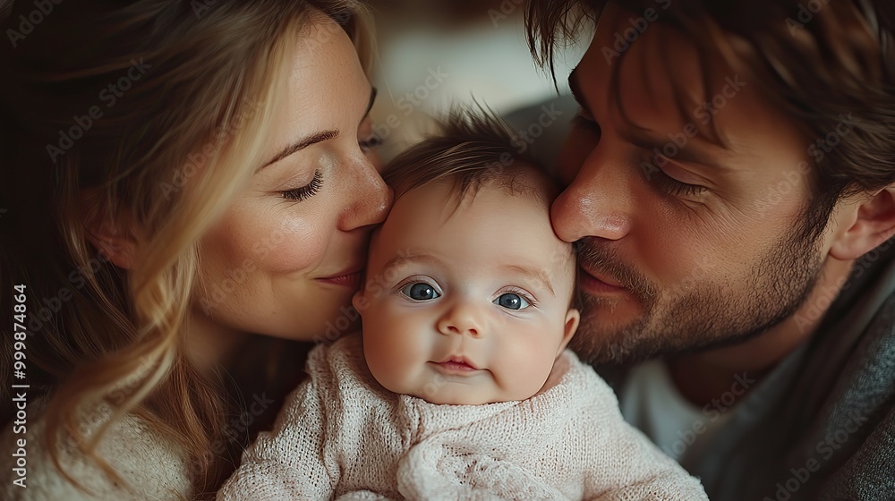 beautiful young parents with a newborn baby at home kissing beautiful young parents with a newborn baby at home kissing