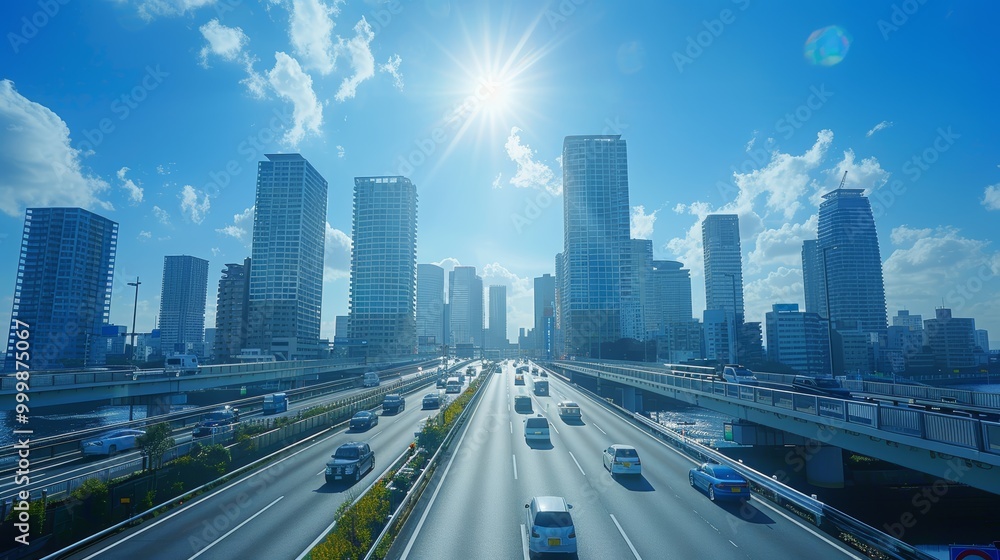 Fototapeta premium highway transportation and the high-rise building under the blue sky. 