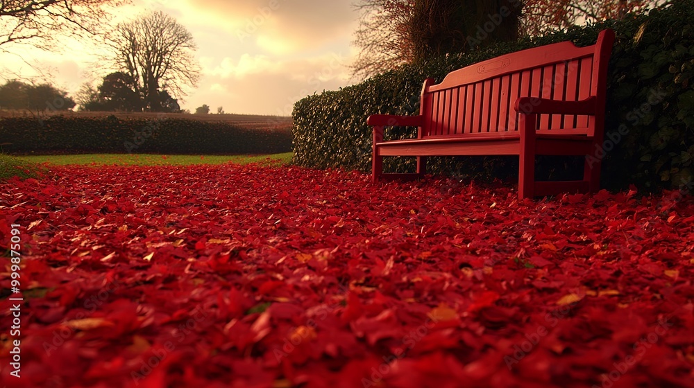 Obraz premium A crimson carpet of fallen leaves surrounds a solitary red bench in a serene autumn landscape.