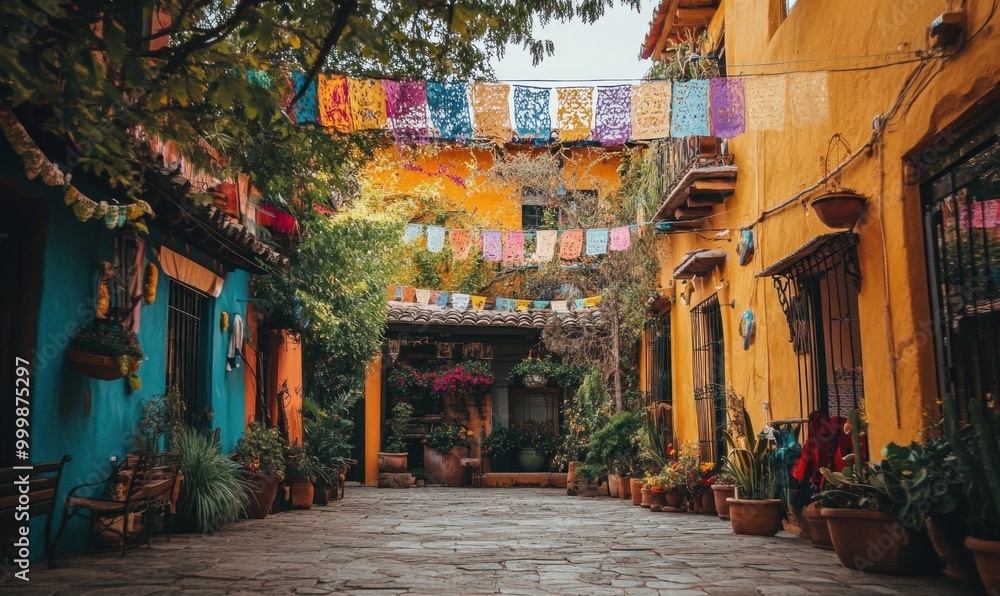 Fototapeta premium Colorful Mexican Courtyard with Vibrant Banners