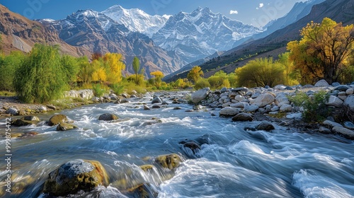 Himalayan Mountains with valley river and prayers 