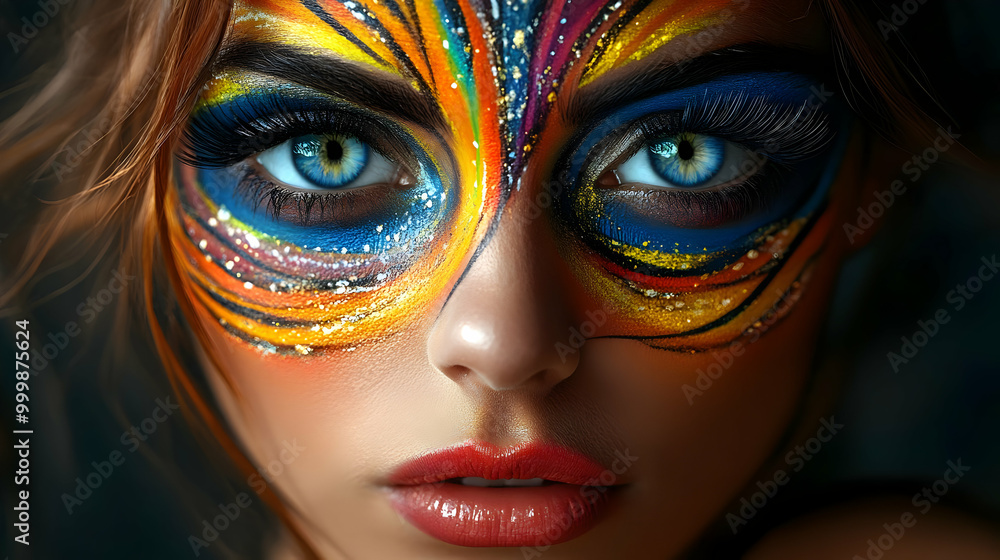 Colorful Face Paint Art with Glitter, Eyes, and Lips Colorful Face Paint Art with Glitter, Eyes, and Lips