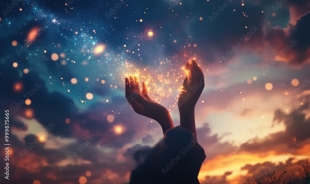 Hands Reaching for Glowing Magic Against Twilight Sky Hands Reaching for Glowing Magic Against Twilight Sky
