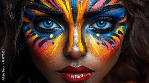 Colorful Face Paint with Blue Eyes, Artistic Makeup Look