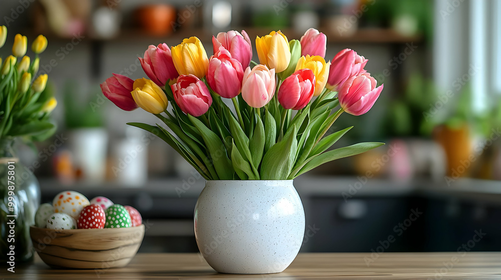 Colorful Tulips in a White Vase on a Table Colorful Tulips in a White Vase on a Table