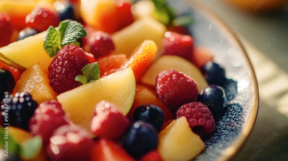 A colorful bowl of fresh mixed fruits, including raspberries, blueberries, and melons, garnished with mint leaves. A colorful bowl of fresh mixed fruits, including raspberries, blueberries, and melons, garnished with mint leaves.