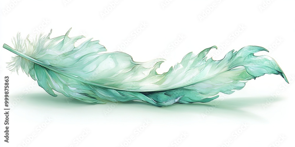 A single, delicate, feather with a vibrant, emerald green hue, reminiscent of a leaf in the soft light of dawn, casting a subtle shadow against the white background. A single, delicate, feather with a vibrant, emerald green hue, reminiscent of a leaf in the soft light of dawn, casting a subtle shadow against the white background.