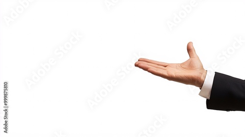 A business professional presenting with one hand extended forward as if introducing a product or service isolated on a white background Large space for text in center Stock Photo with copy space