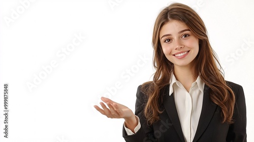 A female business leader holding one hand out to the side in a welcoming gesture with a confident smile isolated on a white background Large space for text in center Stock Photo with copy space