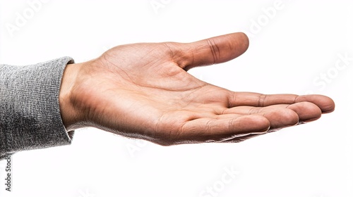 A business professional presenting with one hand extended forward as if introducing a product or service isolated on a white background Large space for text in center Stock Photo with copy space