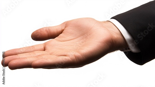A business professional presenting with one hand extended forward as if introducing a product or service isolated on a white background Large space for text in center Stock Photo with copy space