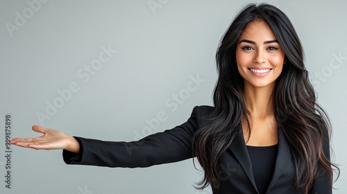 A female business leader holding one hand out to the side in a welcoming gesture with a confident smile isolated on a white background Large space for text in center Stock Photo with copy space