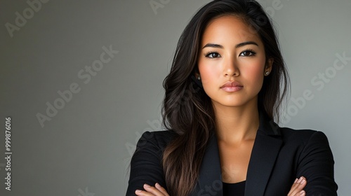 A professional woman with one hand raised in a wait gesture suggesting a pause or careful consideration isolated on a white background Large space for text in center Stock Photo with copy space