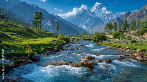 Himalayan Mountains with valley river and prayers 
