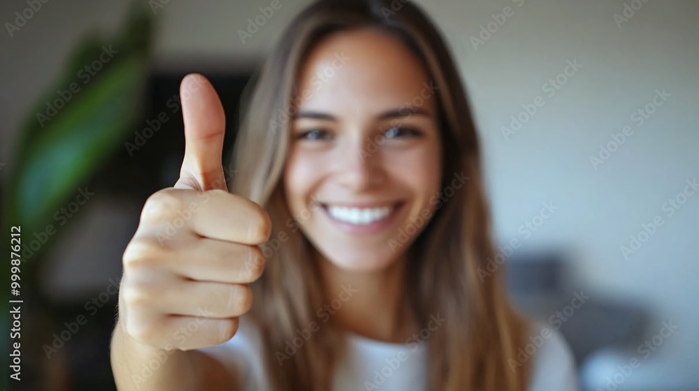 A smiling female professional giving a thumbs up with enthusiasm representing positive outcomes and encouragement isolated on a white background Large space for text in center Stock Photo with copy A smiling female professional giving a thumbs up with enthusiasm representing positive outcomes and encouragement isolated on a white background Large space for text in center Stock Photo with copy