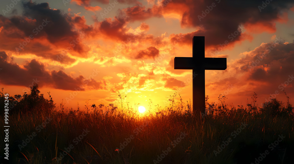 Cross Silhouette at Sunset Over Field Cross Silhouette at Sunset Over Field