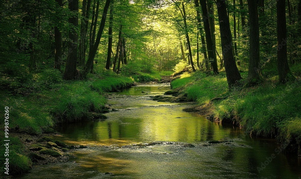 Fototapeta premium Serene forest stream illuminated by sunlight