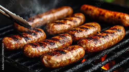 Close-up of juicy, smoky grilled sausages on a hot barbecue grill, glistening with savory goodness.