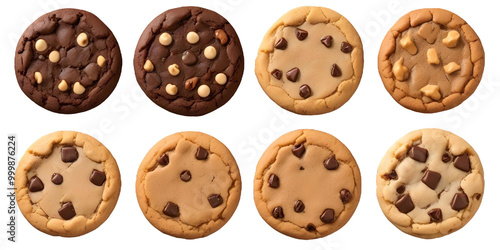 Four different types of cookies - a chocolate cookie, a chocolate chip cookie, a pecan cookie, and a peanut butter cookie with a Transparent Background