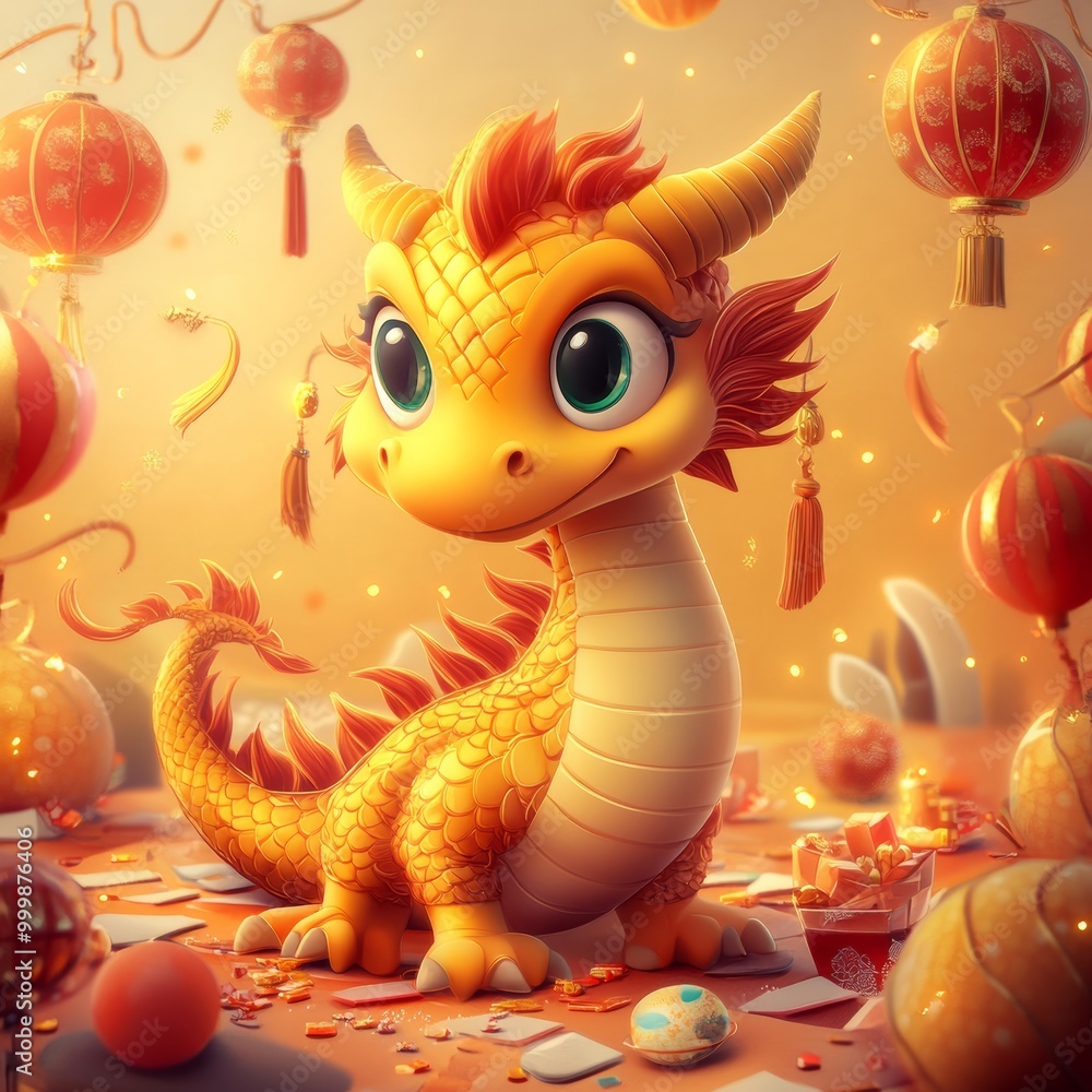 Fototapeta premium An adorable cartoon-style dragon, symbolizing luck and prosperity, surrounded by festive decorations against a bright celebratory background