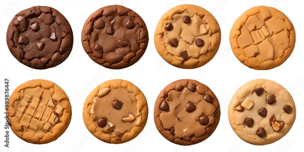 Fototapeta premium Four different types of cookies - a chocolate cookie, a chocolate chip cookie, a pecan cookie, and a peanut butter cookie with a Transparent Background