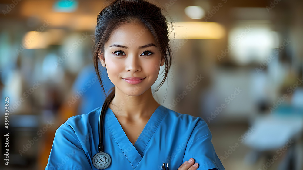 Obraz premium Confident Nurse with Stethoscope and Smile in Hospital Setting