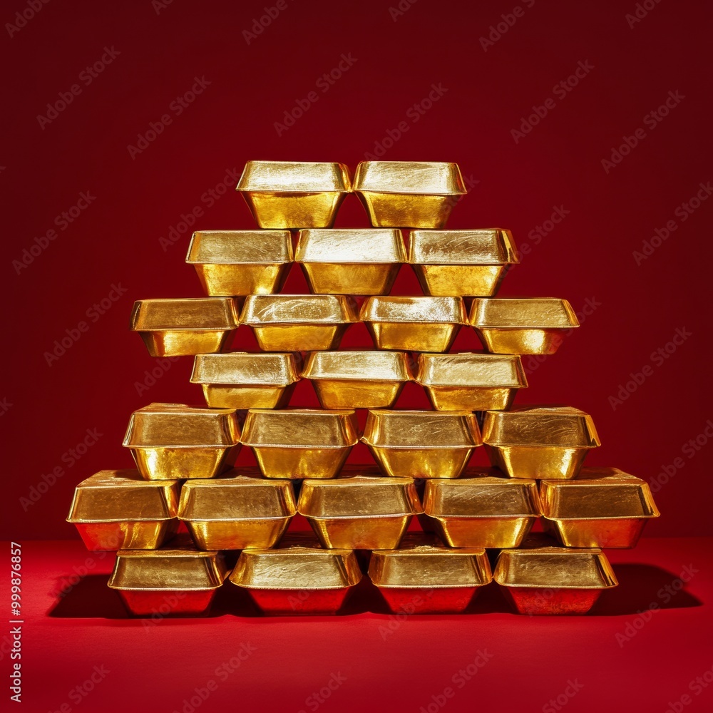 An elegant display of gold ingots stacked artistically, symbolizing wealth and prosperity, on a deep red background for contrast An elegant display of gold ingots stacked artistically, symbolizing wealth and prosperity, on a deep red background for contrast