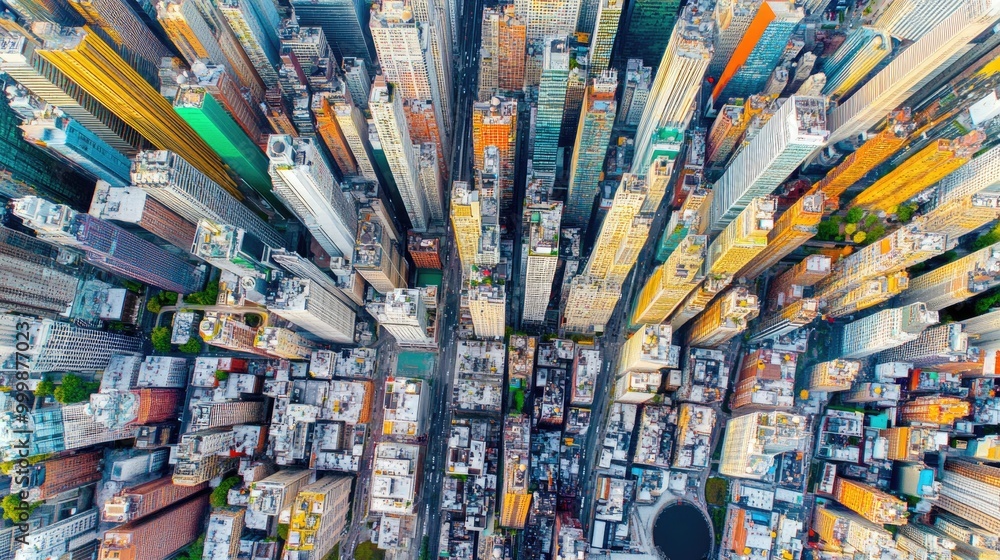 Fototapeta premium Smart city and line and dot telecommunication network concept. abstract mixed media,drone view over large building,generative ai