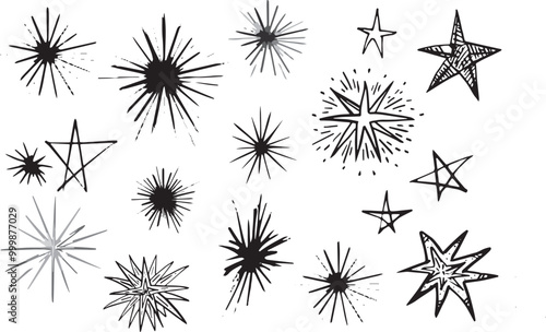 Halloween Clipart doodle shine star ink minimalism Set simple hand drawing object design element sea urchin cartoon explosion symbol. Abstract icon for decoration New Year flash bang bengal fire brush