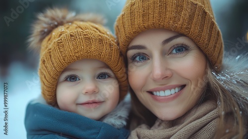 cheerful mother with small daughter standing in winter nature laughing